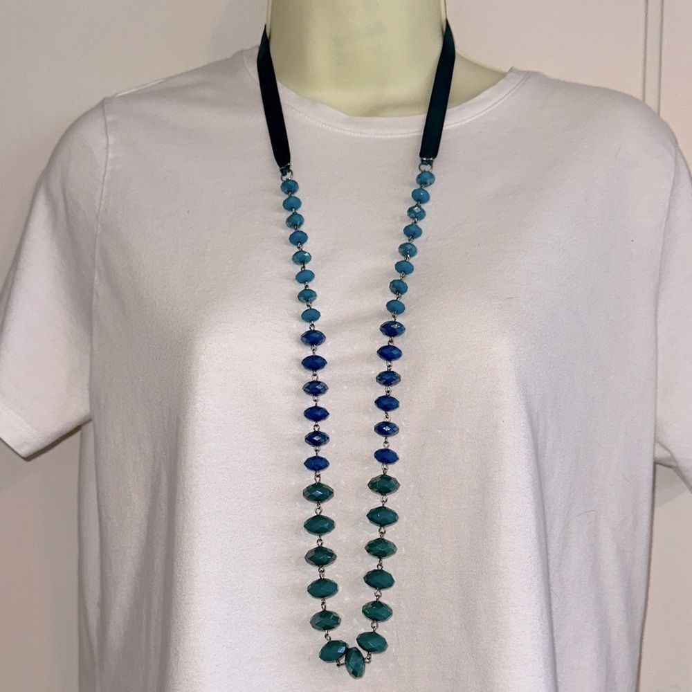 Long Turquoise & Blue Faceted Bead Necklace on Satin Ribbon‎